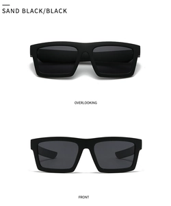 Detail view of sand black square polarized sunglasses with matte finish and black lenses