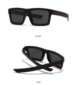 Detail view of square polarized sunglasses with signature red stripe on temples