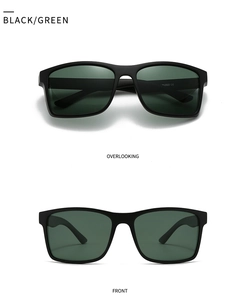 Detailed views of black square polarized sunglasses with dark green lenses and CE mark