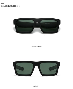 Detail view of square polarized sunglasses in black matte frame with green lenses