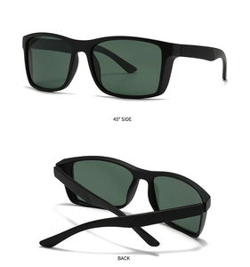Detail showing 45-degree side and back views of matte black square polarized sunglasses