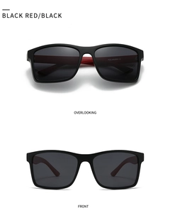 Detail of square polarized sunglasses with red and black inner temple design and CE mark