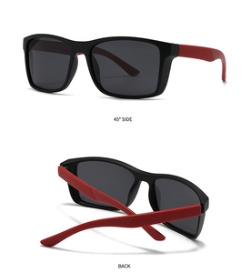Detail view of square polarized sunglasses showing 45-degree side and folded back angles