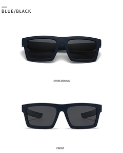 Front and top view of modern square polarized sunglasses in matte blue black finish