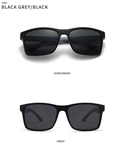 Front and top view of men's square matte black sunglasses with dark grey polarized lenses