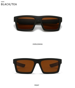 Front and top views of matte black square sunglasses with brown polarized lenses