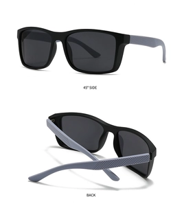 Detail view of square black sunglasses with anti-slip textured blue grey temples