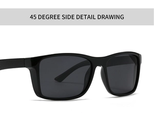 Detail of square black sunglasses showing 45-degree side view and textured temple