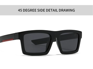 Detailed 45-degree side view of square sunglasses featuring iconic red stripe on temple