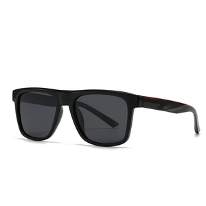 Modern square frame polarized sunglasses for men with signature red stripe temple detail