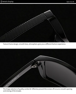 Detail of polarized sunglasses showing textured temples and high-quality metal hinges