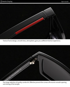 Macro detail of polarization mark, metallic hinge, and red inlay on black square sunglasses