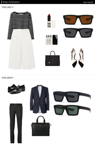 Flat lay of square polarized sunglasses shown in stylish men and women fashion outfits