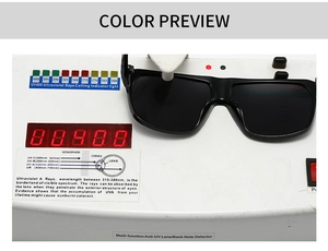 UV400 Schutztest zeigt polarisierte quadratische Sonnenbrille auf einem digitalen Messgerät