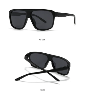 Detailansicht der quadratischen schwarzen Sonnenbrille mit 45-Grad-Seite und Rückseite