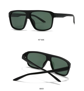 Detailansicht der quadratischen schwarzen Polarisations-Sonnenbrille mit grünen Gläsern