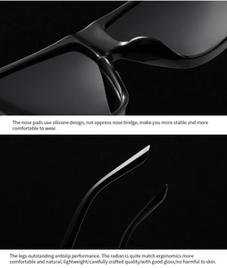 Details von Silikon-Nasenpads und rutschfesten Bügeln an der schwarzen quadratischen Sonnenbrille