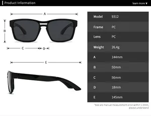 Detailed size chart for square frame sunglasses with frame and lens measurements