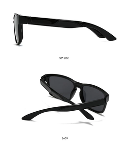 Square frame polarized sunglasses detailed view showing 90-degree side and back profiles