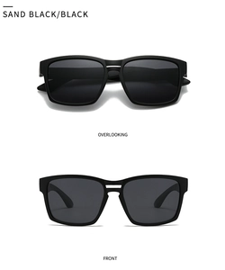 Front and top view of modern sand black square polarized sunglasses with dark lenses