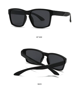 Detail view of square black polarized sunglasses showing 45-degree side and back foldable frame