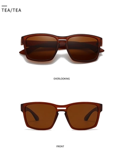 Front and top views of modern square tea-colored sunglasses with matte finish and polarized lenses