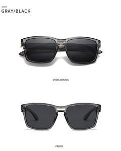 Front and top view of trendy square polarized sunglasses in classic gray and black finish