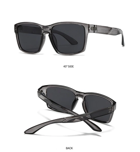 Detailed view showing the 45-degree side and back of square polarized sunglasses