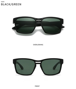 Front and top view of square matte black sunglasses with dark green polarized lenses