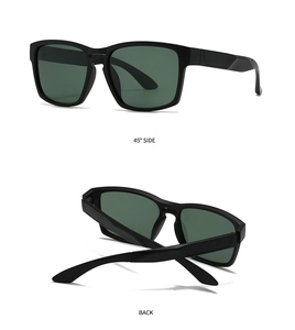 Detailed views of square frame sunglasses showing 45-degree side and back construction