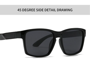 Detailed 45-degree side view of modern black square frame sunglasses with thick temples