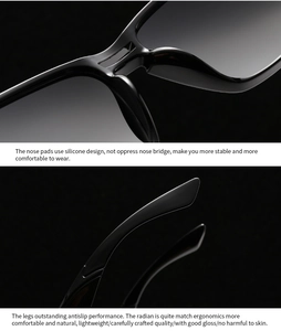 Detailed macro view of ergonomic anti-slip temples and silicone nose pads on black sunglasses