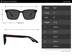 Detailed size chart for square polarized sunglasses with precise frame dimensions in mm