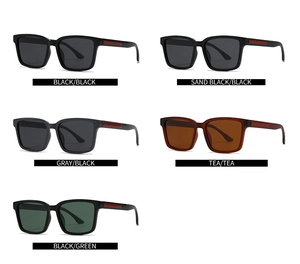 Detailed grid of rectangular sunglasses in five colors with red temple accents
