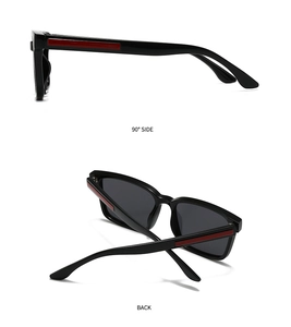 Modern black square sunglasses featuring bold red temple inserts and 90-degree side view