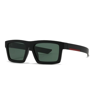 Modern rectangular polarized sunglasses with black matte frame and red temple detail