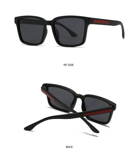 Detail of square polarized sunglasses with matte black frames and red stripe accents