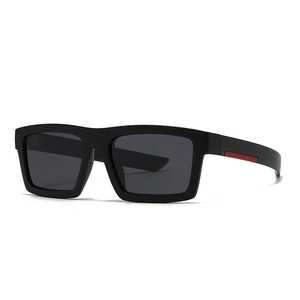 Modern square polarized sunglasses in matte black with iconic red stripe on temples
