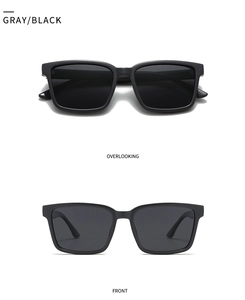 Top and front view of square polarized sunglasses with matte black frames and dark lenses
