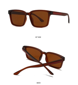 Detail view of square polarized sunglasses showing the 45-degree side and back structure