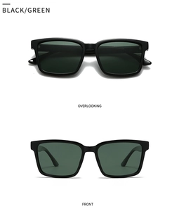 Front and top views of rectangular black polarized sunglasses with green lenses