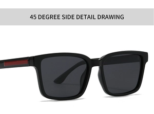 Detailed 45-degree side view of black square sunglasses with iconic red stripe on temples