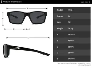Detailed technical size chart for square frame sunglasses with full frame measurements
