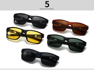 Detailed display of five color options for square polarized sunglasses with non-slip temples