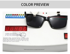 Close-up of square polarized sunglasses showing UV400 protection test results on a device
