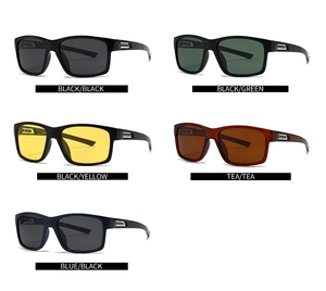 Matrix display of square polarized sunglasses in black, green, yellow, brown, and blue colors