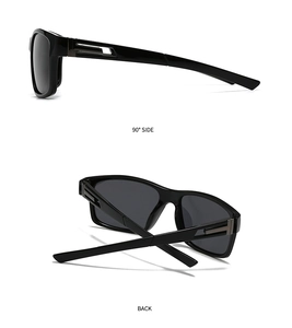 Detailed side and back view of black square sunglasses with gunmetal hollow temple hinges
