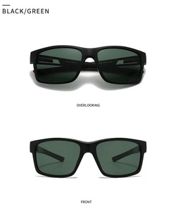 Dual view of square polarized sunglasses with black frames and dark green lenses