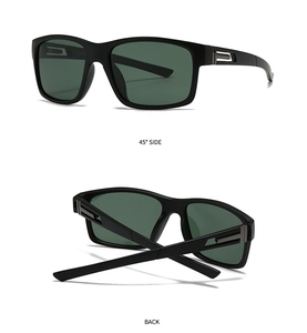 Polarized black square frame sunglasses with silver metal hinges and 45 degree side view