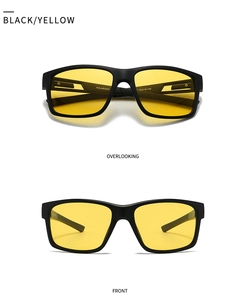 Detail view of square matte black sunglasses with vibrant yellow polarized lenses